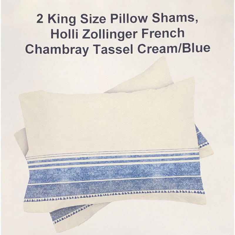 2 King Size Pillow Shams, Holli Zollinger French Chambray Tassel Cream/Blue
