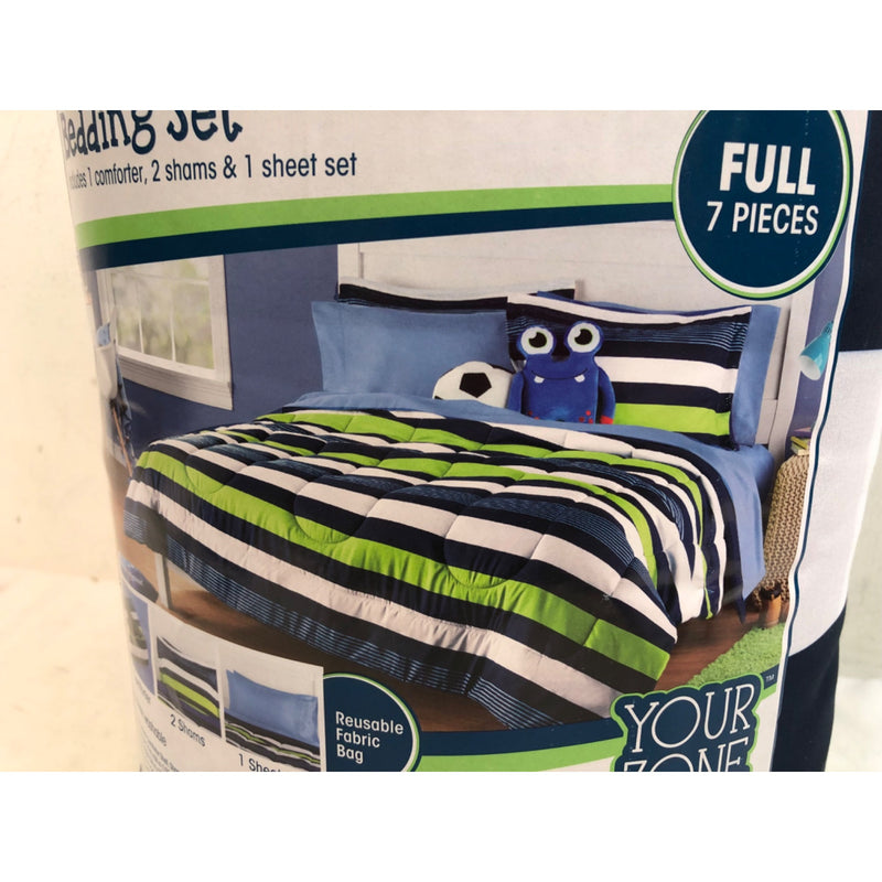 Full, Your Zone Blue Stripe Bedding Set for Kids, Machine Wash, 7 Pieces