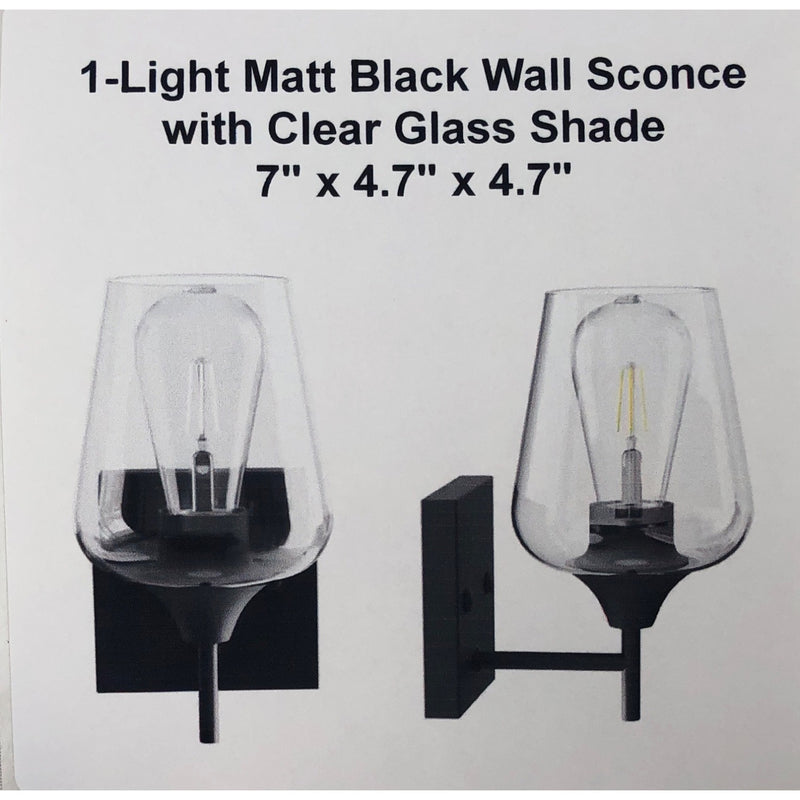 1-Light Matt Black Wall Sconce with Clear Glass Shade