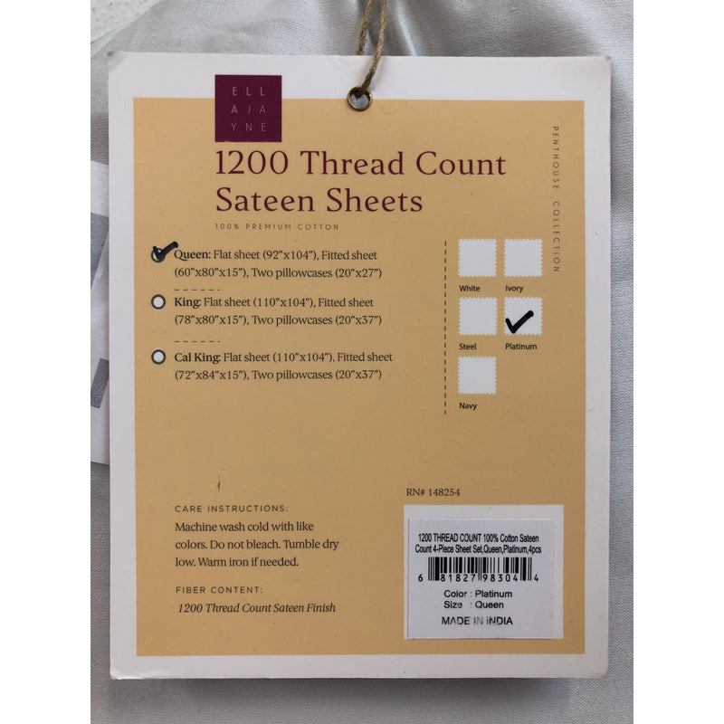 Queen, 1200 Thread Count Cotton Sateen Deep 4-piece Sheet Set, Platinum