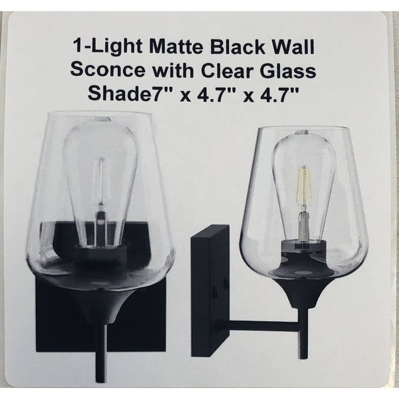 1-Light Matte Black Wall Sconce with Clear Glass Shade