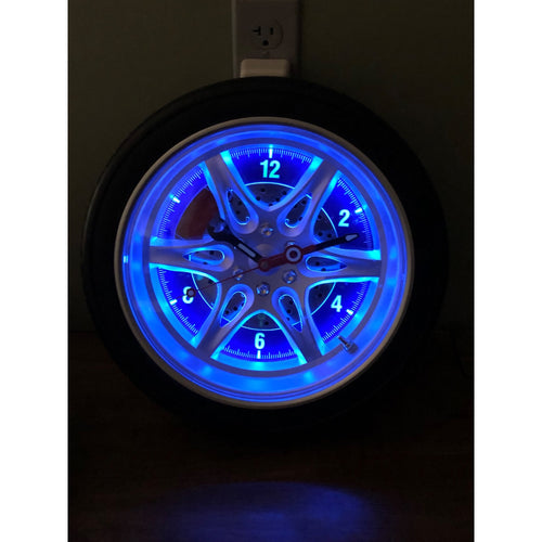 Tire Wall Clock, 13in Round, Backlit Blue Lights