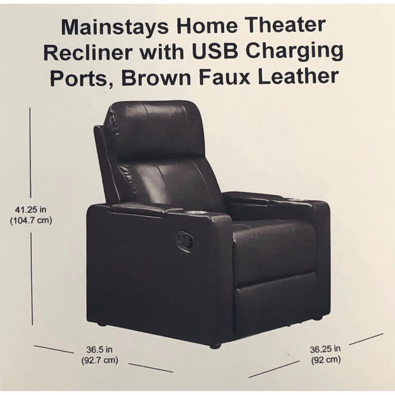 Mainstays Home Theater Recliner with USB Charging Ports, Brown Faux Leather