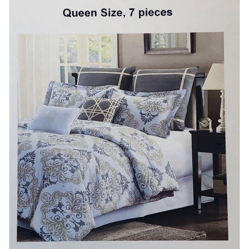 Style Quarters Suri 7pc Comforter Set, Gray and Taupe Damask, Queen