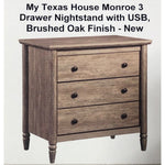 My Texas House Monroe 3 Drawer Nightstand with USB, Brushed Oak Finish