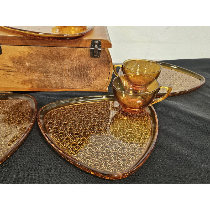 Set of 4 Vintage Amber Anchor Hocking Daisy & Button Snack Set