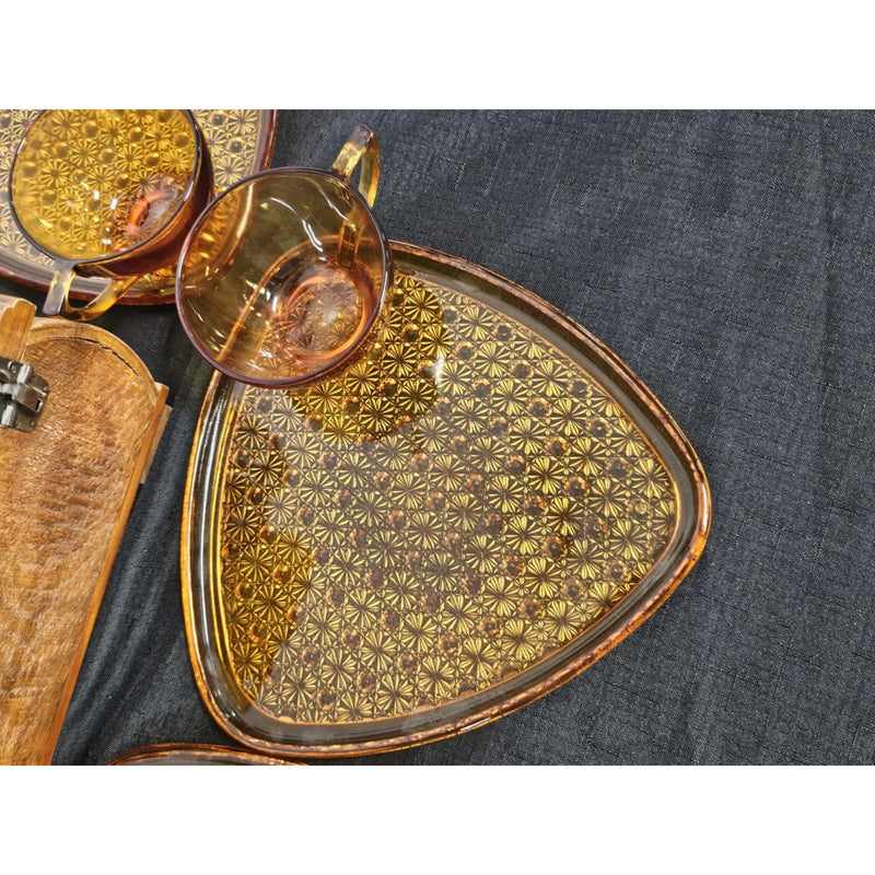 Set of 4 Vintage Amber Anchor Hocking Daisy & Button Snack Set