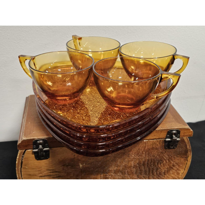 Set of 4 Vintage Amber Anchor Hocking Daisy & Button Snack Set