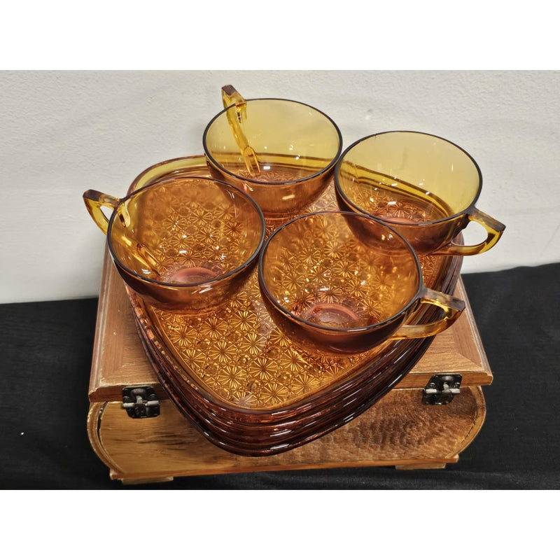 Set of 4 Vintage Amber Anchor Hocking Daisy & Button Snack Set