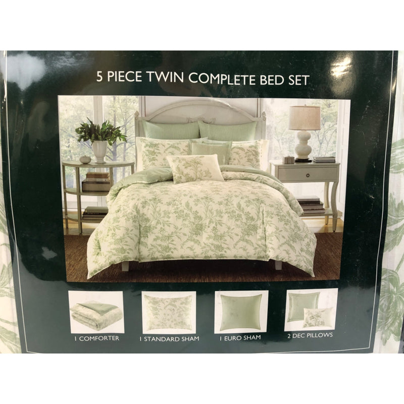 Twin, Laura Ashley Natalie Green Floral Cotton Comforter Bonus Set, Green/White