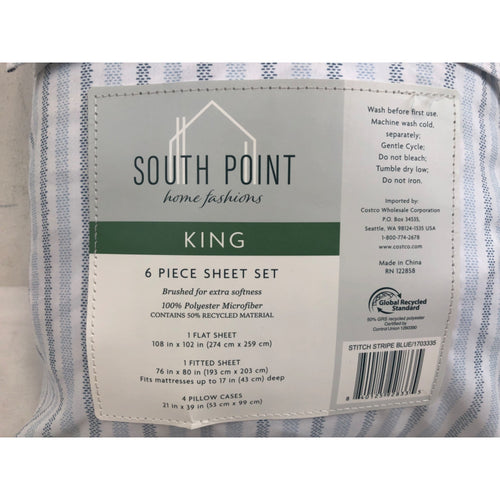 King, Stitch Stripe Blue, South Point Home Fashions Microfiber 6-piece Sheet Set