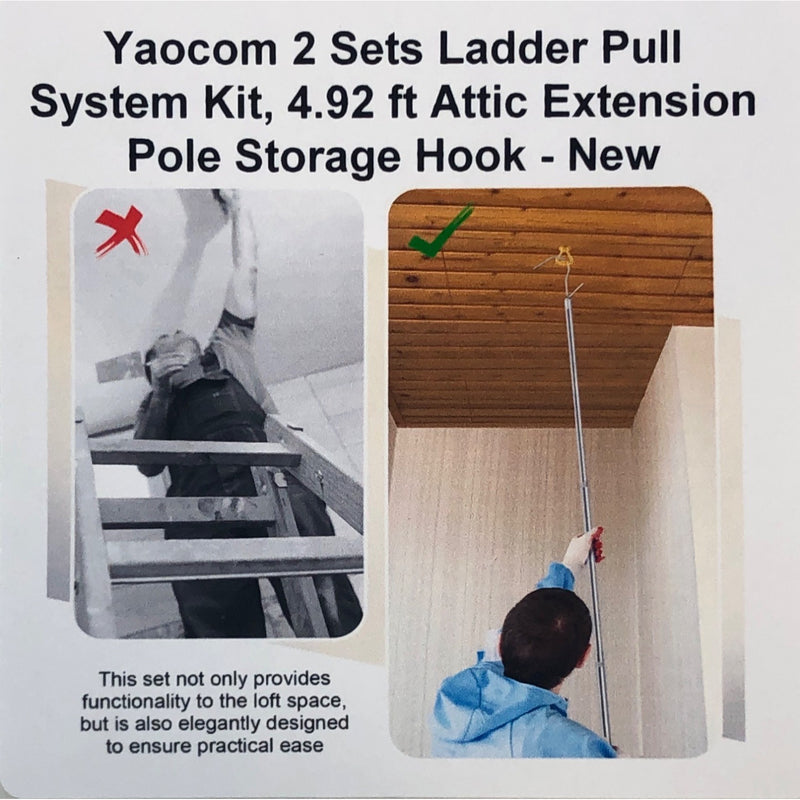 Yaocom 2 Sets Ladder Pull System Kit, 4.92 ft Attic Extension Pole Storage Hook