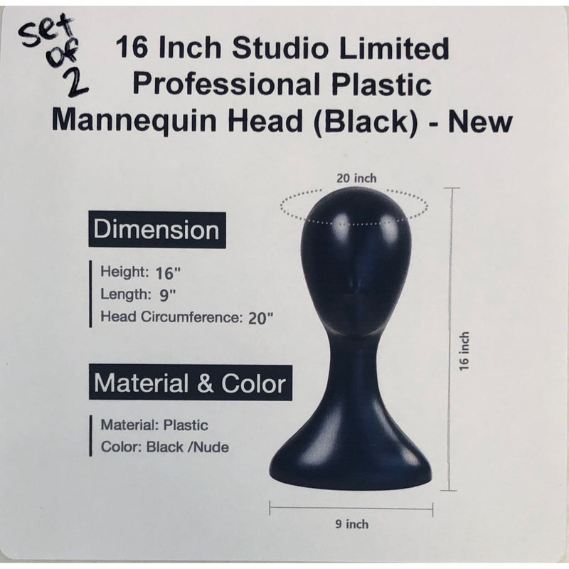 16 Inch Studio Limited Professional Plastic Mannequin Heads, Set of 2 (Black)