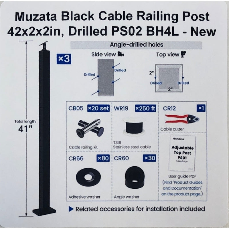 Muzata Black Cable Railing Post 42x2x2in, Drilled PS02 BH4L
