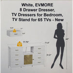 White, EVMORE 8 Drawer Dresser, TV Dressers for Bedroom, TV Stand for 65 TVs