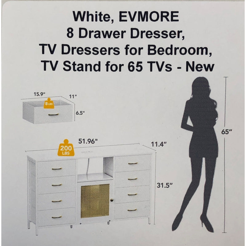White, EVMORE 8 Drawer Dresser, TV Dressers for Bedroom, TV Stand for 65 TVs
