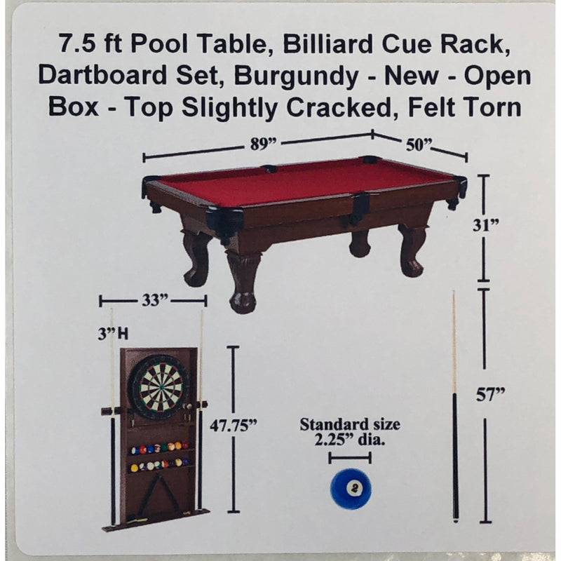 7.5 ft Pool Table, Billiard Cue Rack, Dartboard Set, Burgundy