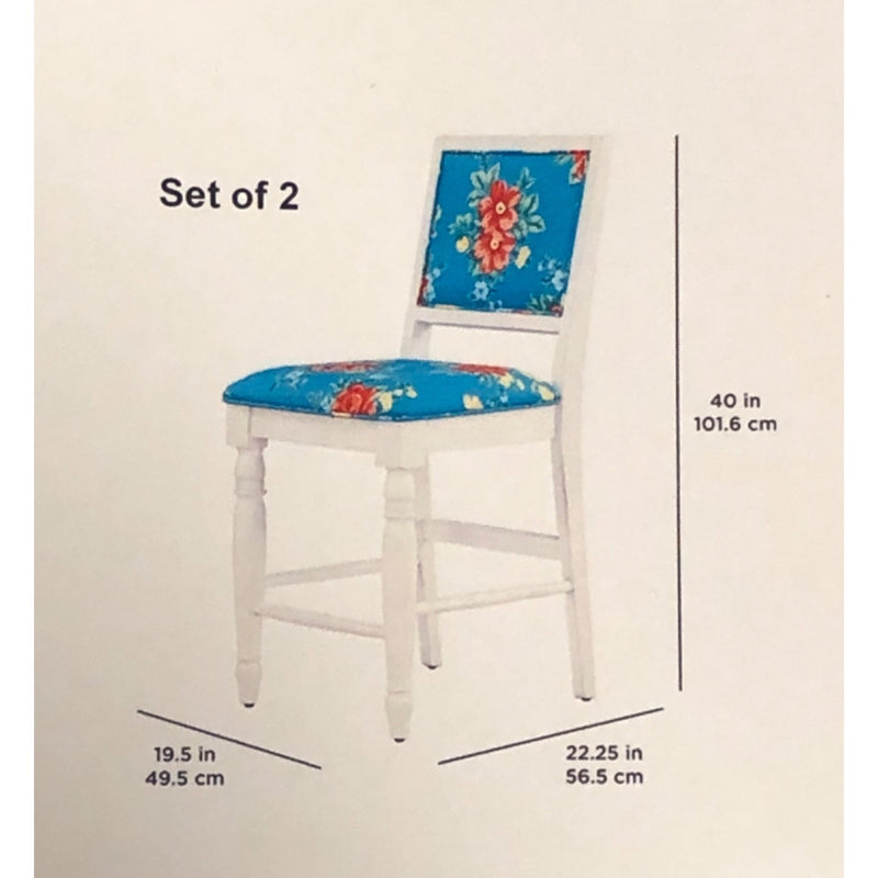 Pioneer Woman Callie Floral Counter Height Stools Solid Wood Frame, 2 Pack, Teal