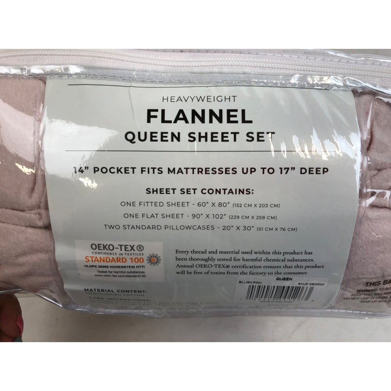 Queen, Great Bay Home Cotton Solid Flannel Sheet Set, Blush Pink