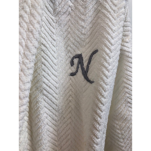 White, Monogrammed N, Herringbone Weave Turkish Cotton Bath Robe, Size S/M