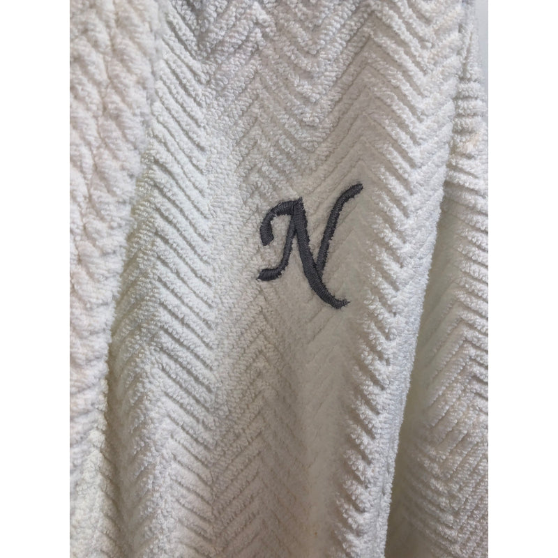 White, Monogrammed N, Herringbone Weave Turkish Cotton Bath Robe, Size S/M