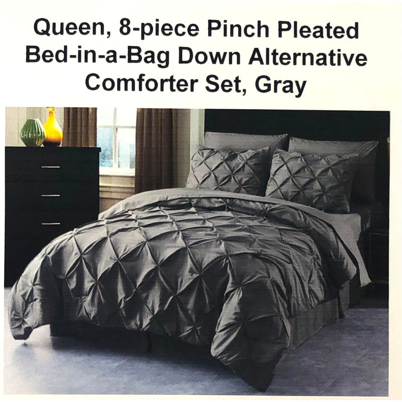 Queen, 8-piece Pinch Pleated Bed-in-a-Bag Down Alternative Comforter Set, Gray