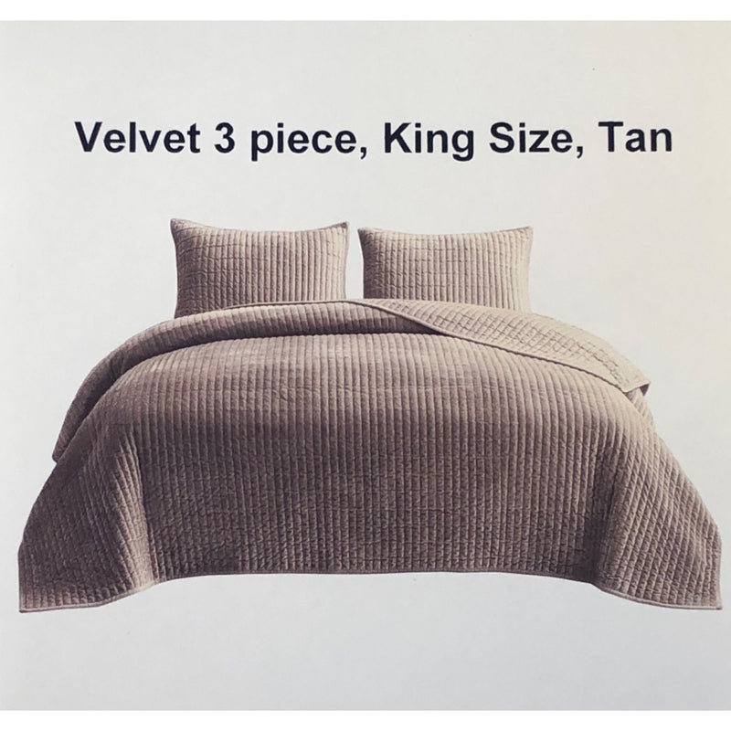 Beaute Living Velvet 3 Piece Quilt Set, King, Tan