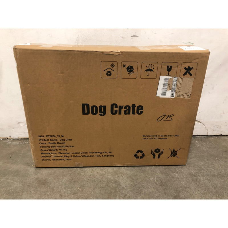 Wooden Dog Crate, Rustic Brown with Gray Mat & Black Metal 31 x 23 x 20