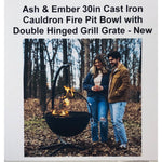 Ash & Ember 30in Cast Iron Cauldron Fire Pit Bowl with Double Hinged Grill Grate