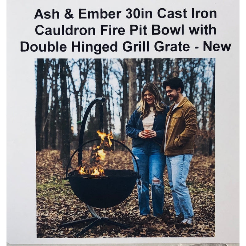 Ash & Ember 30in Cast Iron Cauldron Fire Pit Bowl with Double Hinged Grill Grate
