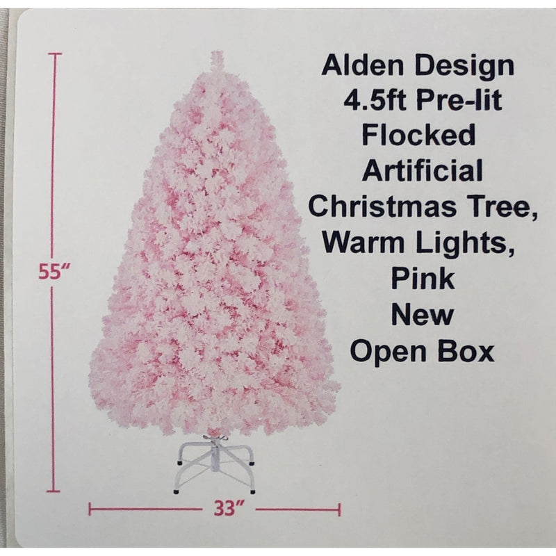 Alden Design 4.5ft Pre-lit Flocked Artificial Christmas Tree, Warm Lights, Pink