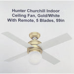 Hunter Churchill Indoor Ceiling Fan, Gold/White With Remote, 5 Blades, 59in