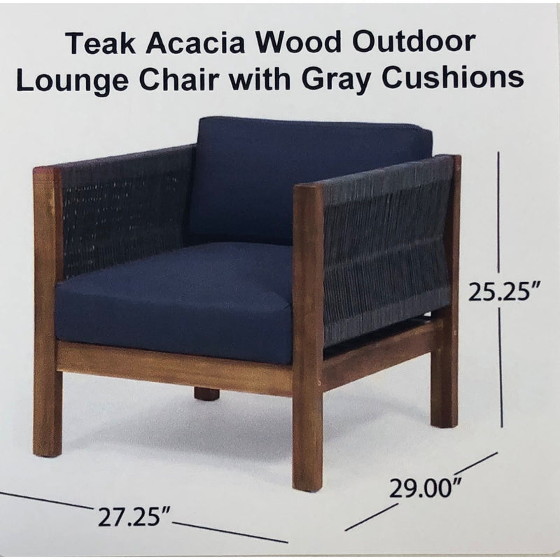Teak Acacia Wood Outdoor Lounge Chair with Gray Cushions