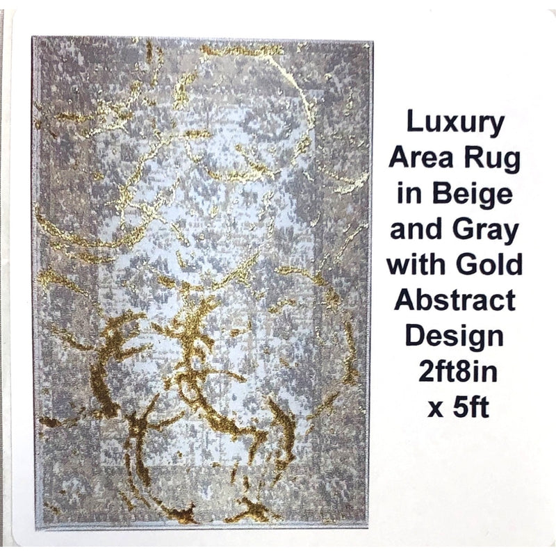 Luxury Area Rug in Beige and Gray with Gold Abstract Design - 2ft8in x 5ft