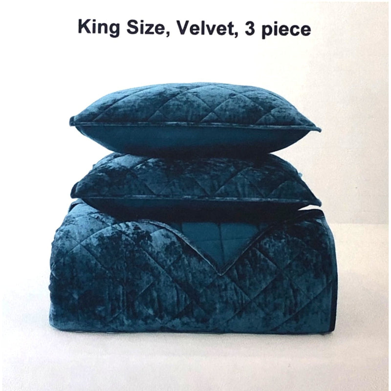 Beaute Living Diamond Velvet 3 Piece Quilt Set, King, Blue