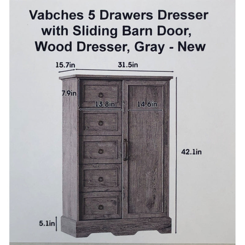 Vabches 5 Drawers Dresser with Sliding Barn Door,  Wood Dresser, Gray