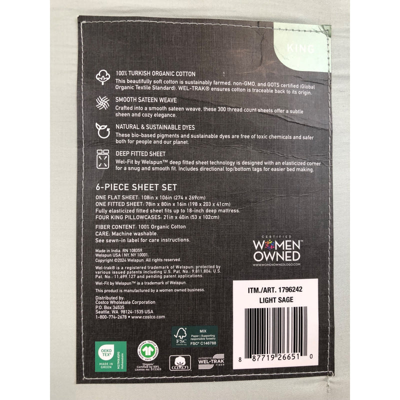 King, Light Sage, Pure Earth Organic 300 Thread Count 6-piece Sheet Set