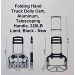 Folding Hand Truck Dolly Cart, Aluminum, Telescoping Handle, 220LB Limit, Black