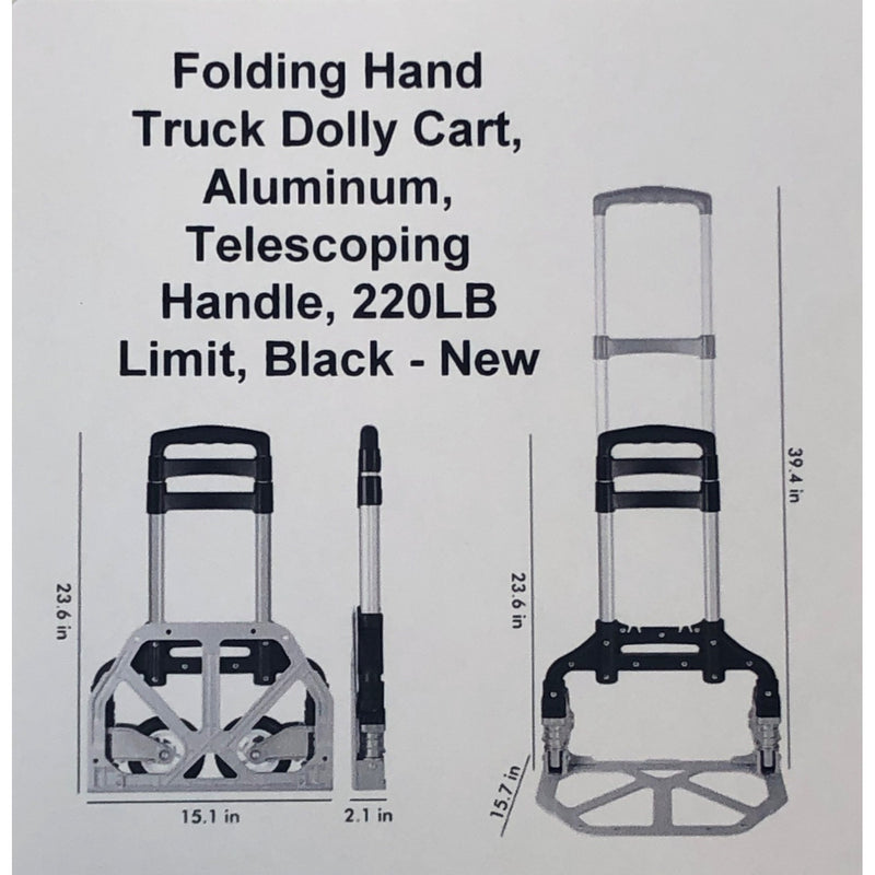 Folding Hand Truck Dolly Cart, Aluminum, Telescoping Handle, 220LB Limit, Black